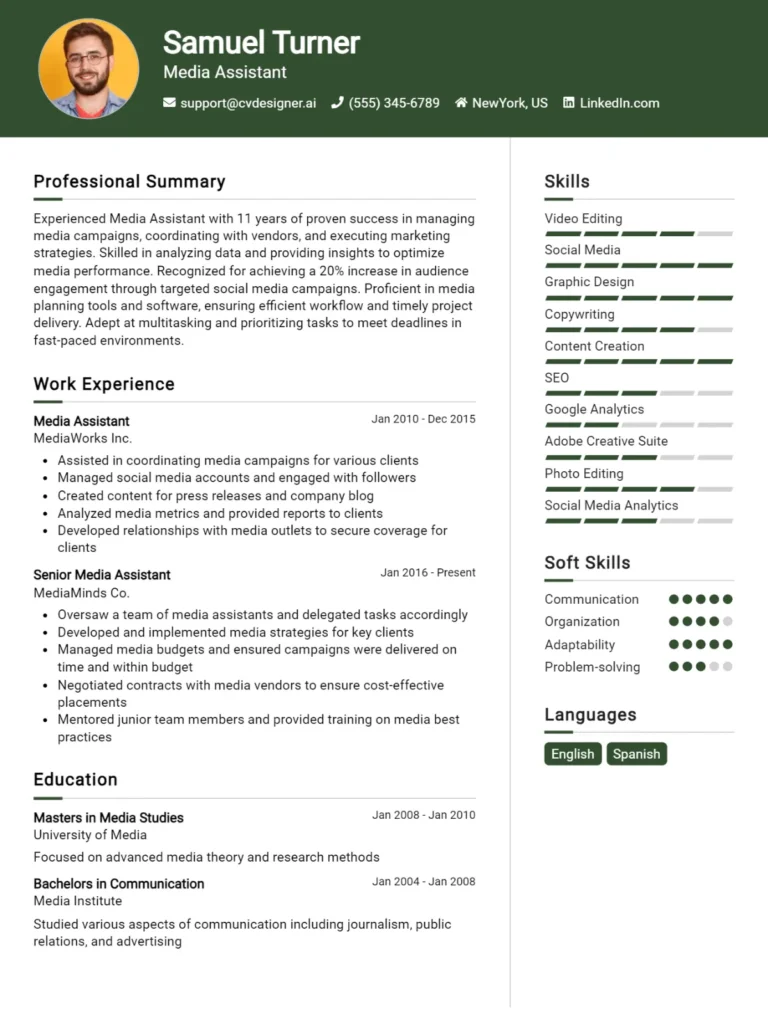 14 Media Assistant CV Examples And Templates For 2025