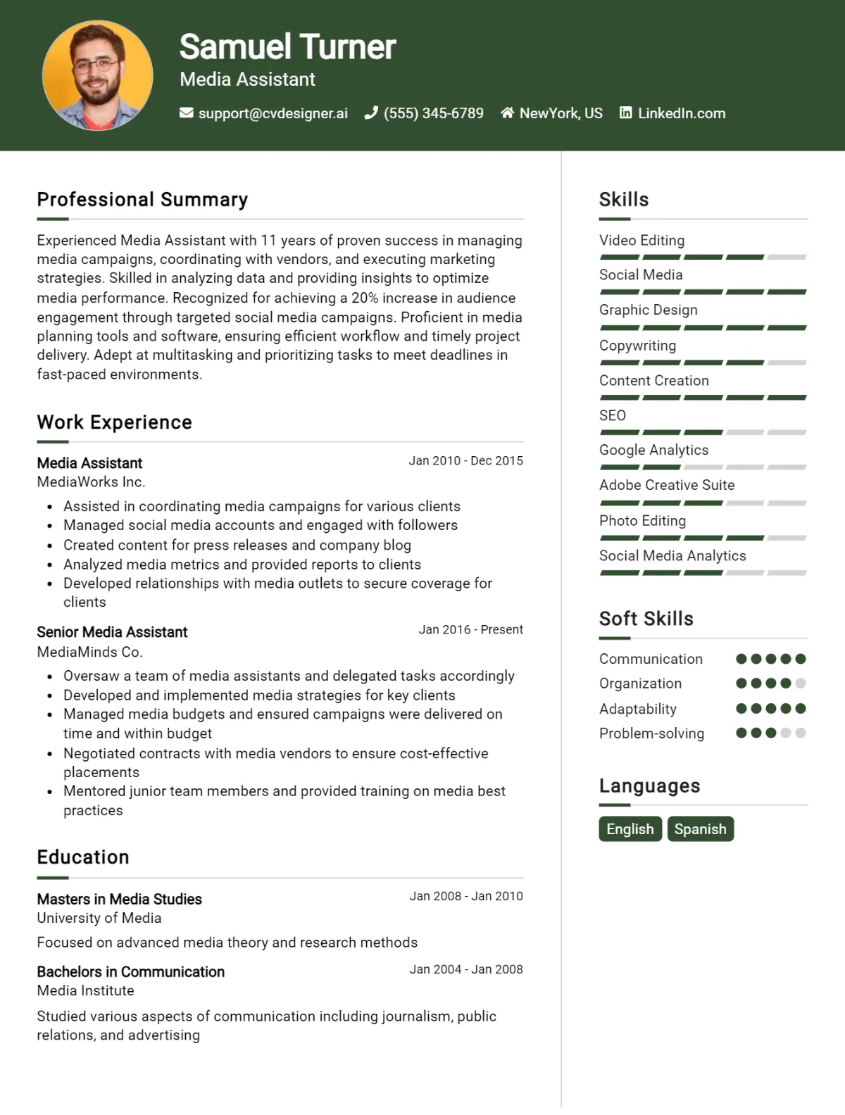 Media Assistant CV Example