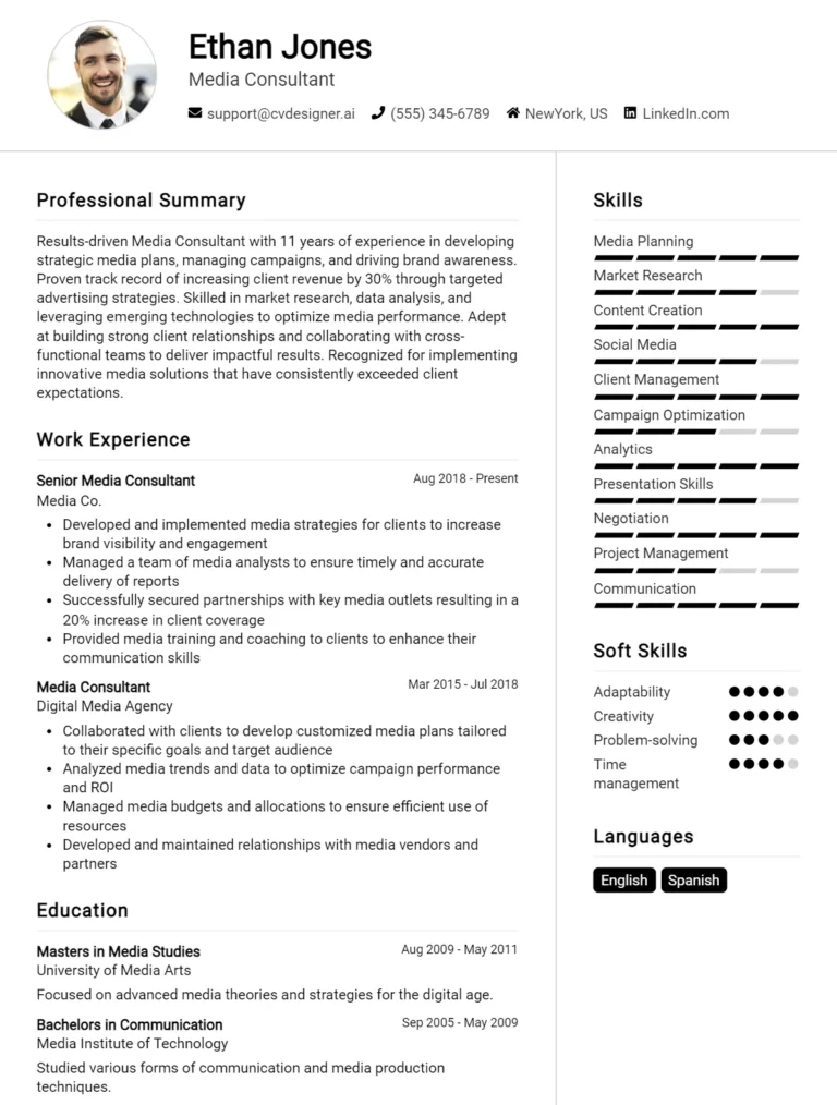 18 Media Consultant CV Examples And Templates For 2025