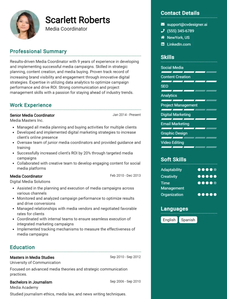 Media Coordinator CV Example For 2025: Best Writing Guide