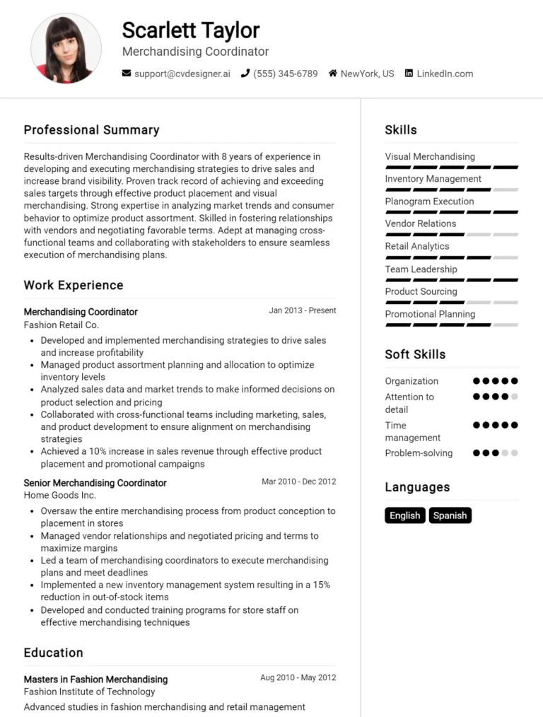Merchandising Coordinator CV Example For 2025: How to Create a Professional CV