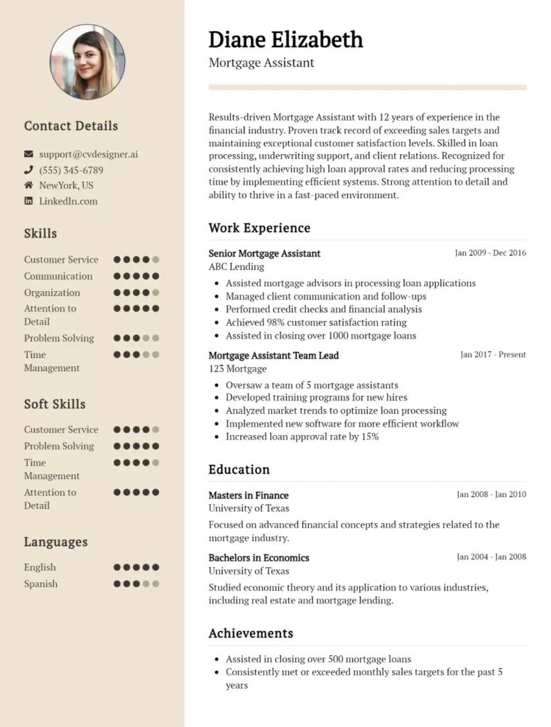 Mortgage Assistant CV Example