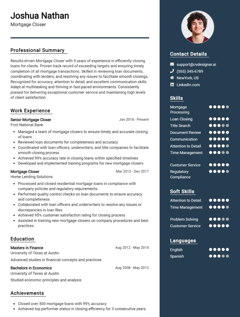 Mortgage Closer CV Example For 2025: Top Tips & Samples
