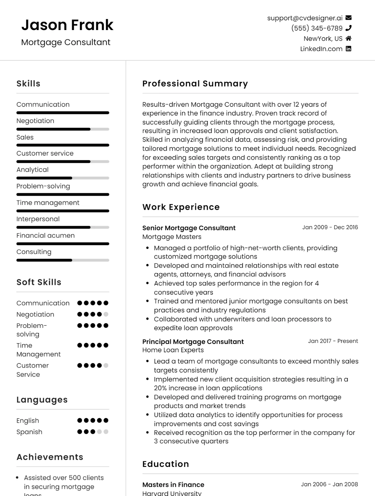 Mortgage Consultant CV Example