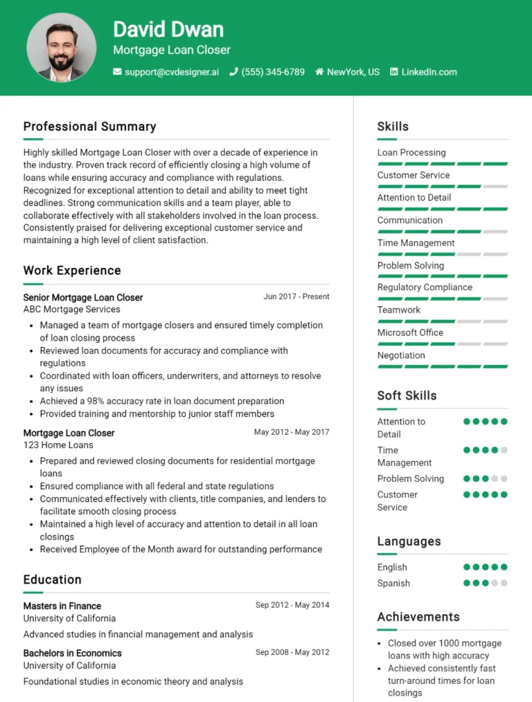 Mortgage Loan Closer CV Example For 2025: Free Downloadable Templates