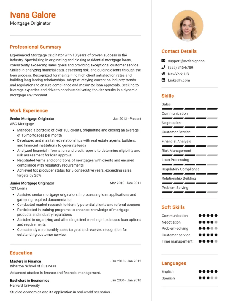 Mortgage Originator CV Example For 2025: Free Professional Templates