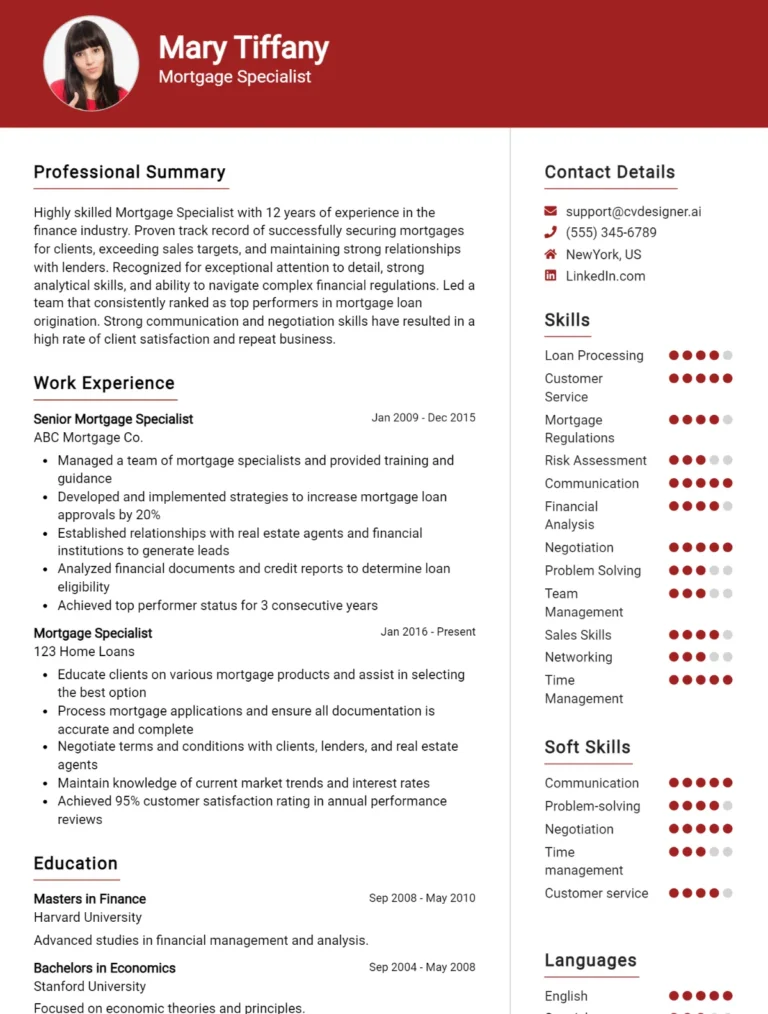 Mortgage Specialist CV Example For 2025: Samples & Best Practices