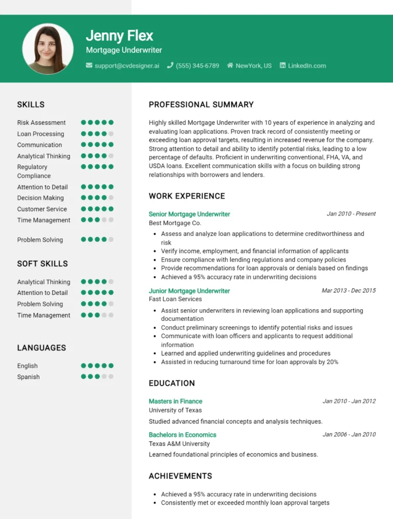 Mortgage Underwriter CV Example For 2025: Free Templates