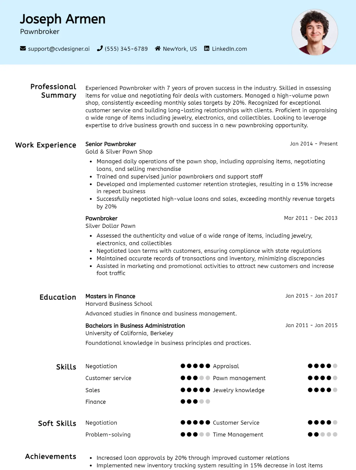 Pawnbroker CV Example