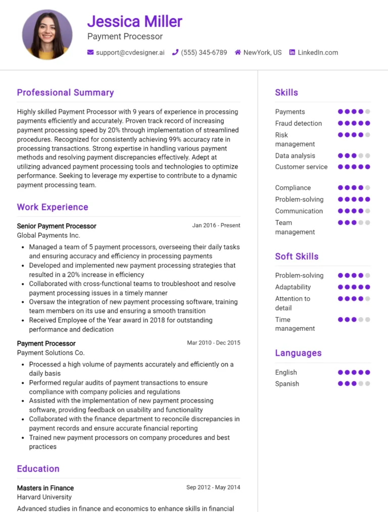 Payment Processor CV Example For 2025: Tips to Stand Out