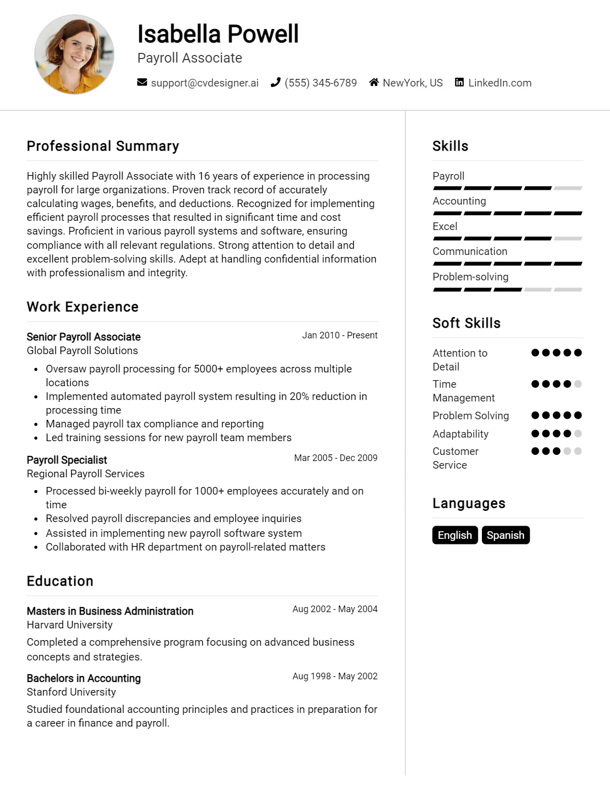 Payroll Associate CV Example