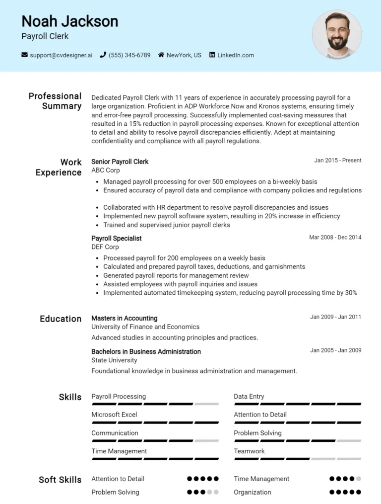 Payroll Clerk CV Example & Templates for 2025
