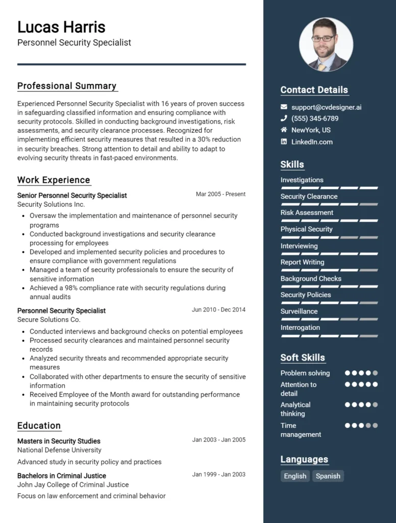 Personnel Security Specialist CV Example