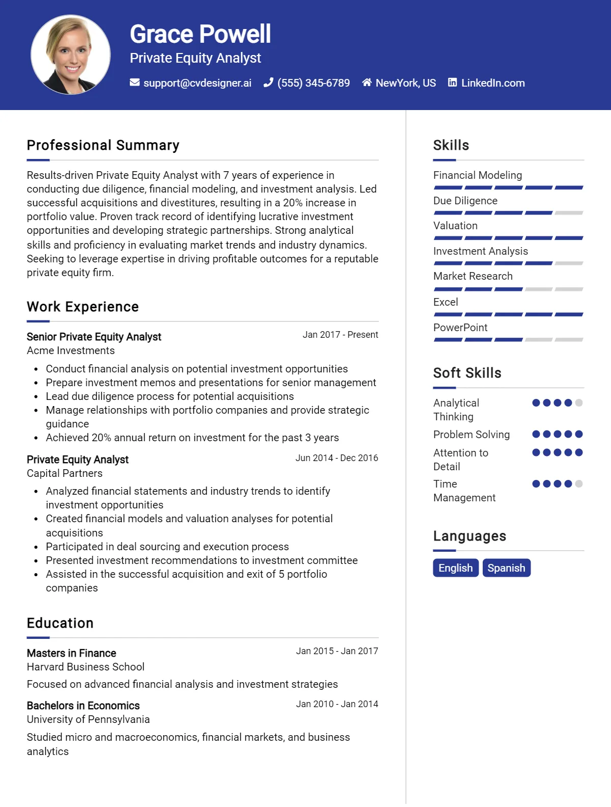 Private Equity Analyst CV Example