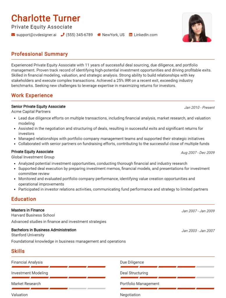 Private Equity Associate CV Example