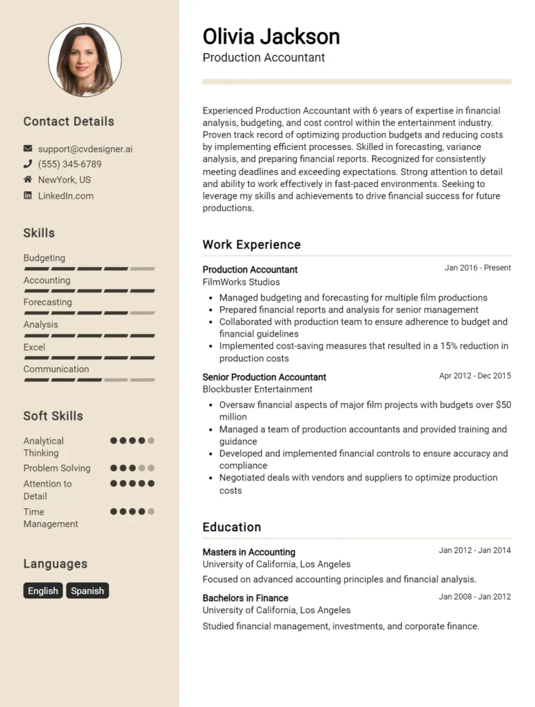 Production Accountant CV Example For 2025: Tips to Create a CV