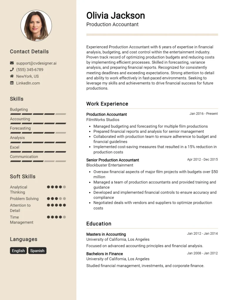 Production Accountant CV Example