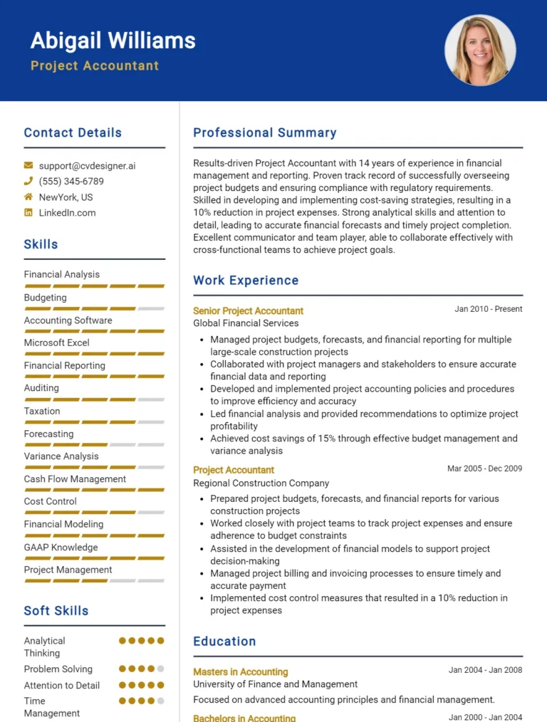 Project Accountant CV Example For 2025: Professional CV Templates