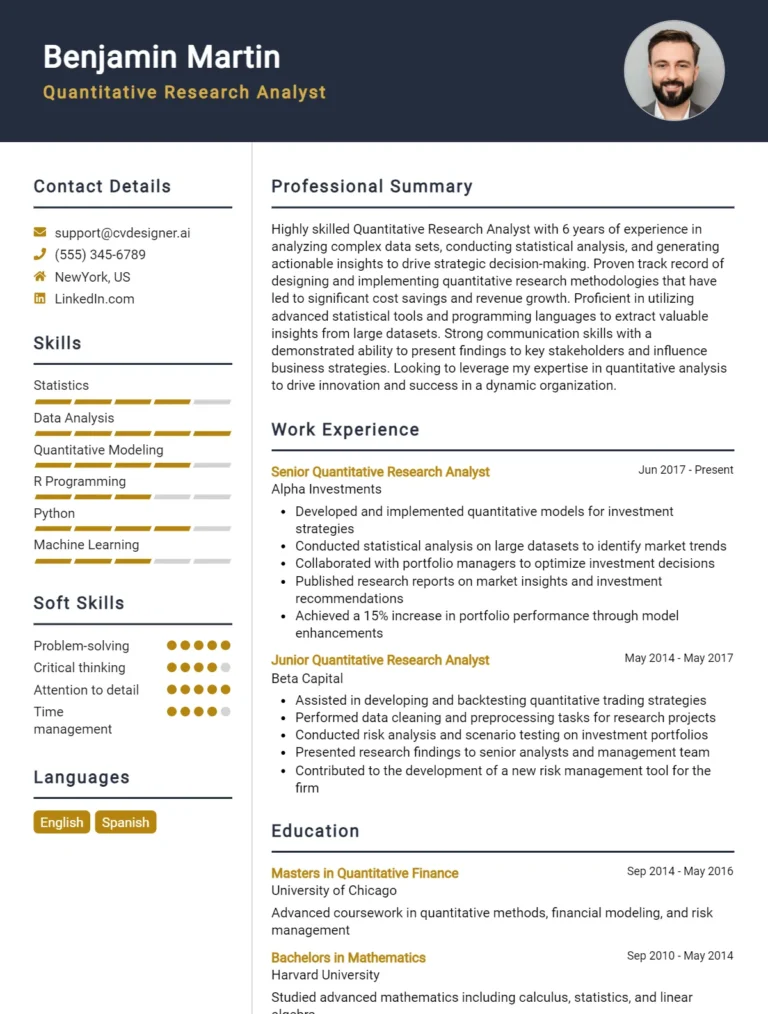 Quantitative Research Analyst CV Example For 2025: Proven Tips & Templates