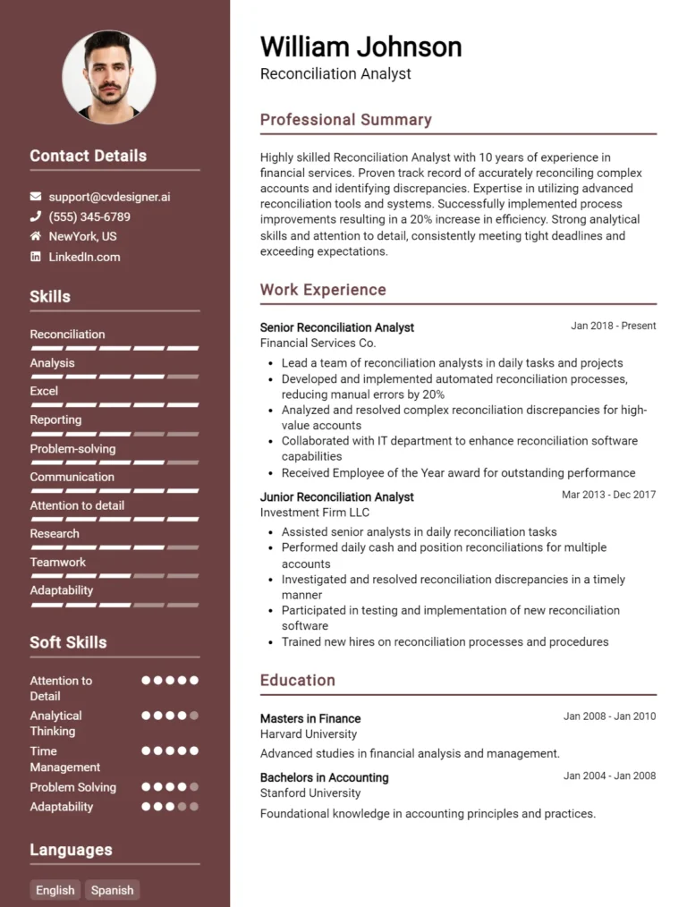Reconciliation Analyst CV Example For 2025: Best Formatting Tips
