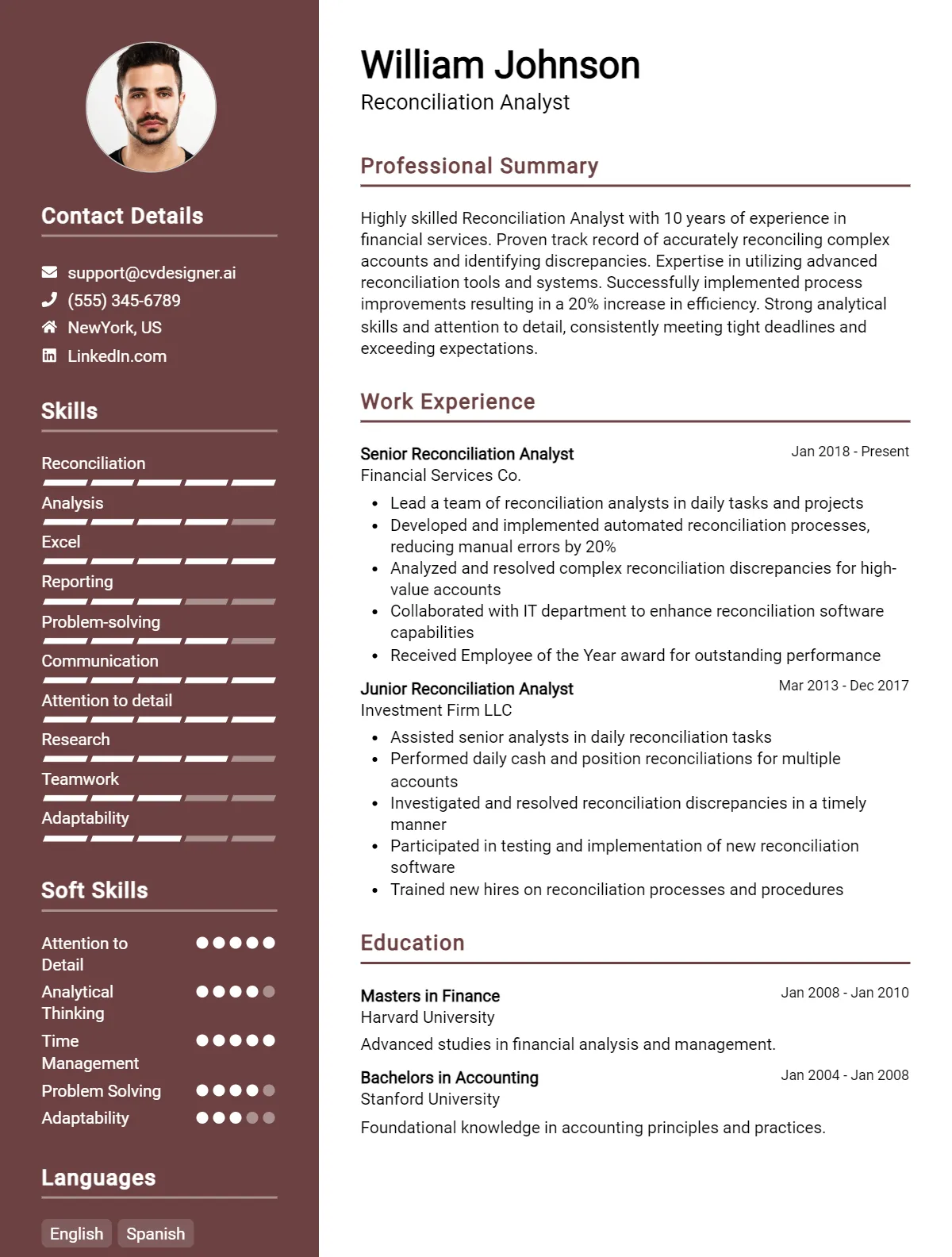 Reconciliation Analyst CV Example