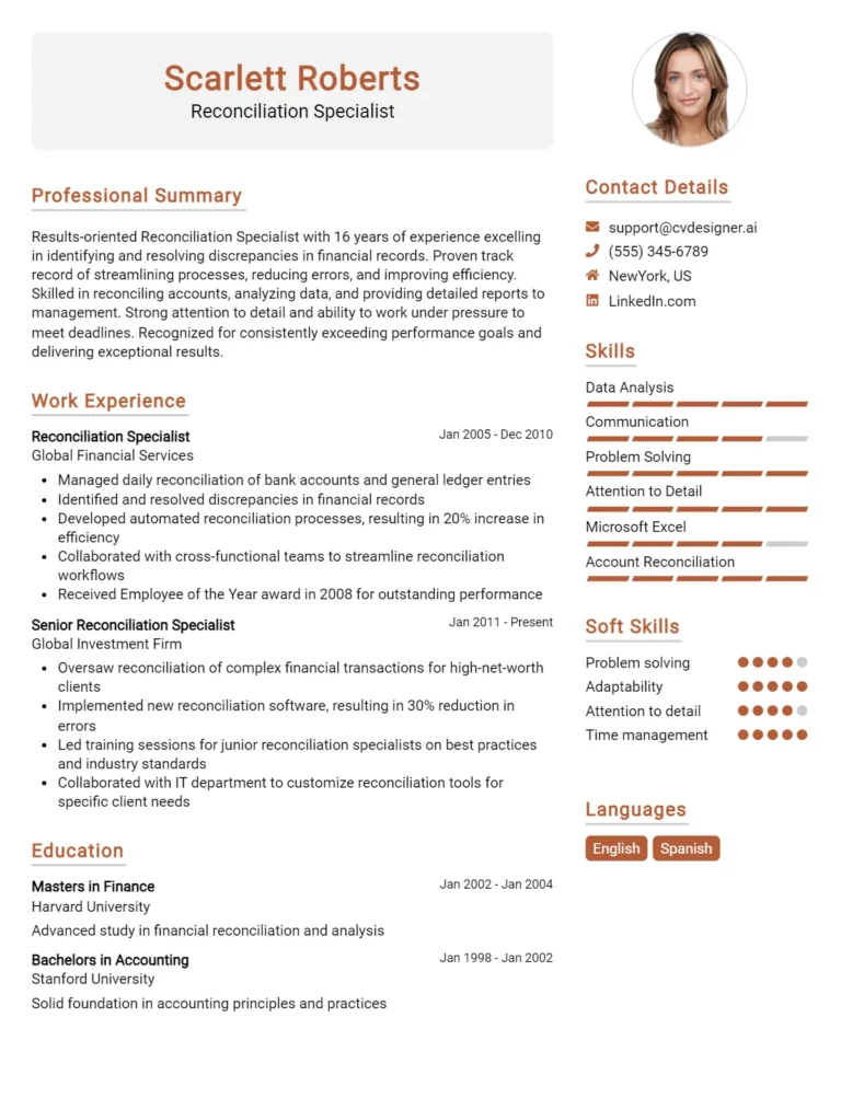 Reconciliation Specialist CV Example For 2025: Effective CV Writing Tips