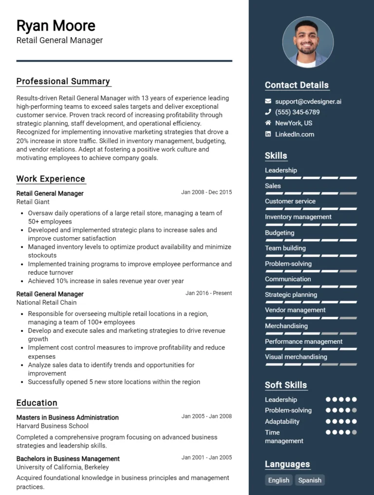 Retail General Manager CV Example For 2025: Tips to Stand Out