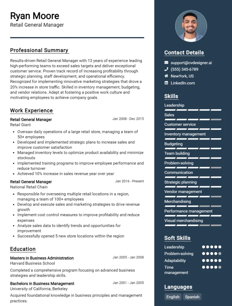 22 Retail Manager CV Examples And Templates For 2024 - CVDesigner.ai