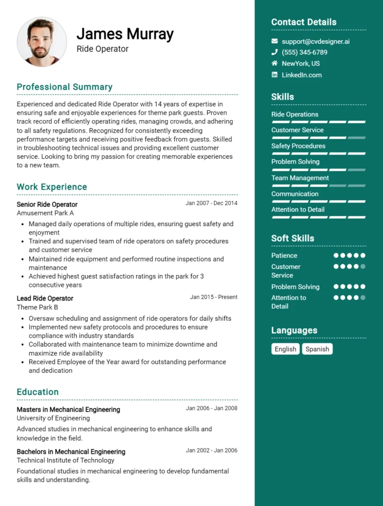 Ride Operator CV Example For 2025: Top CV Skills
