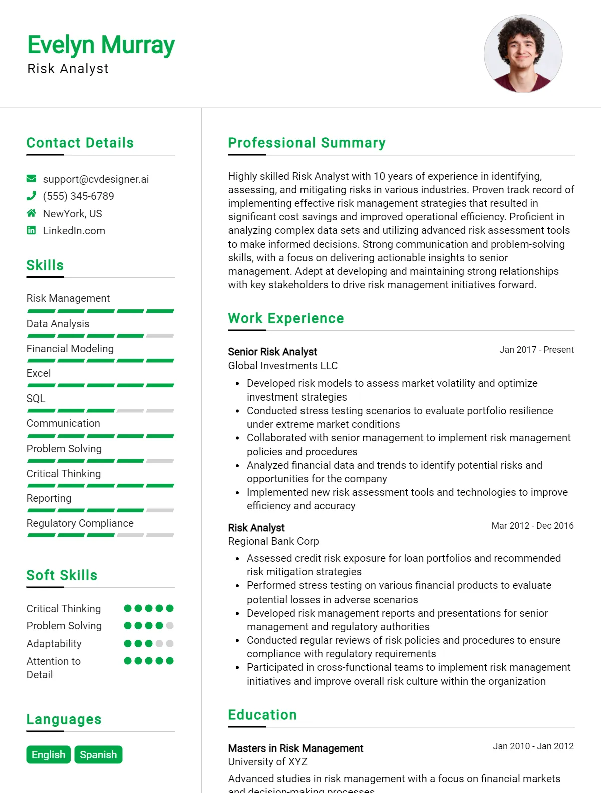 Risk Analyst CV Example & Templates for 2024 - CVDesigner.ai