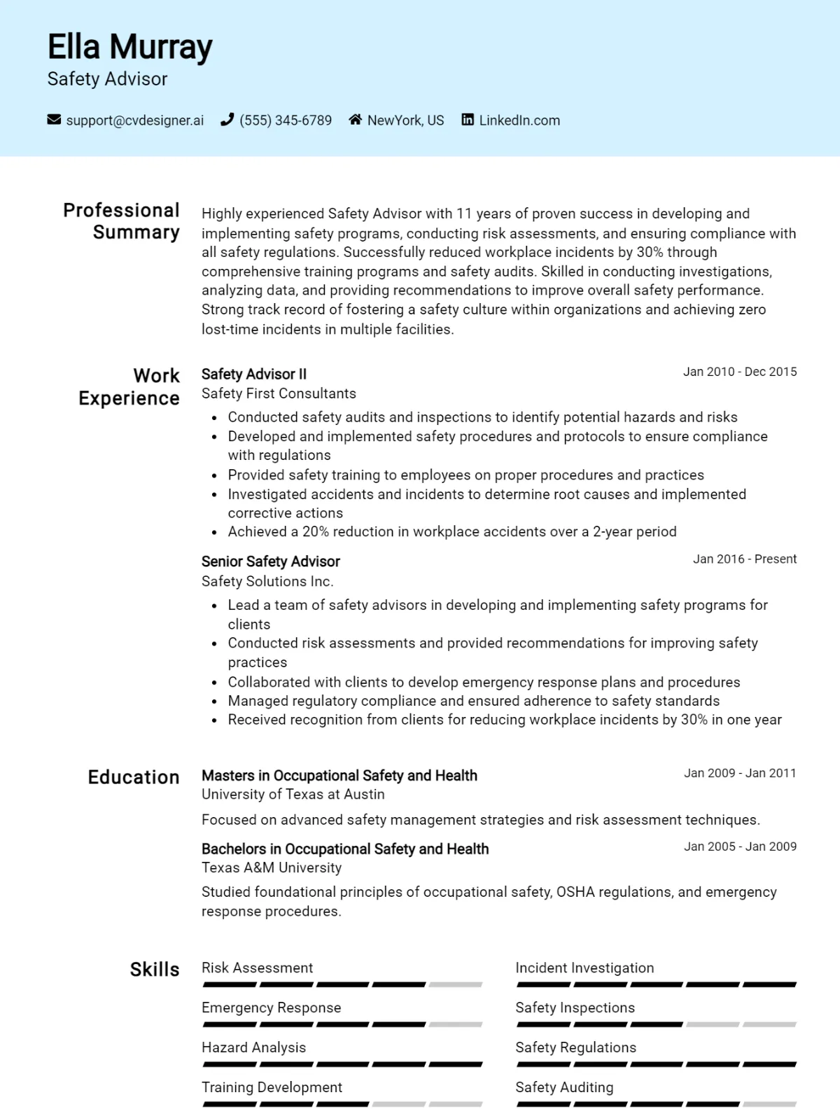 Safety Advisor CV Example