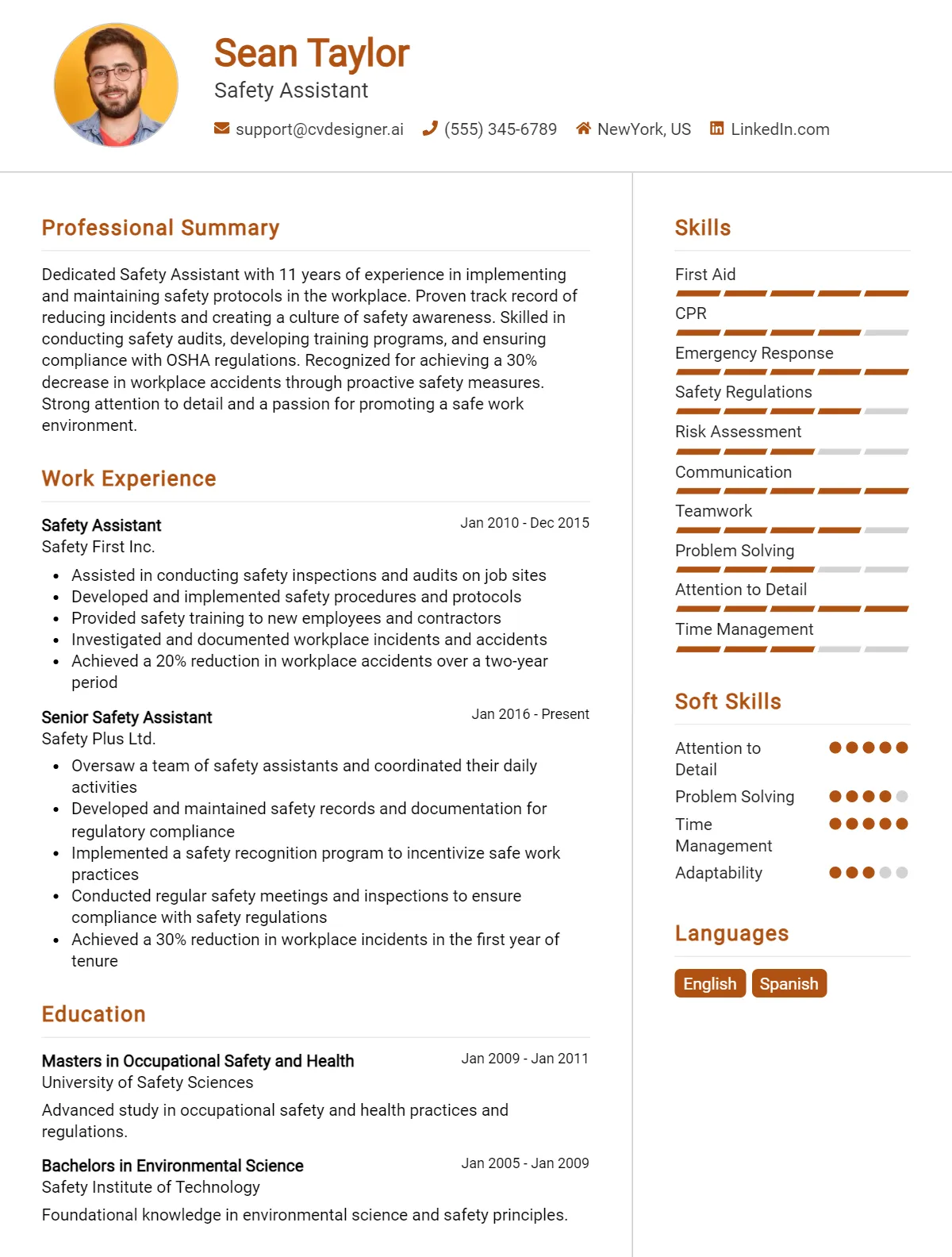 Safety Assistant CV Example