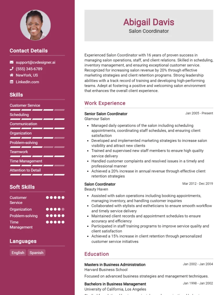 Salon Coordinator CV Example For 2025: Samples & Best Practices