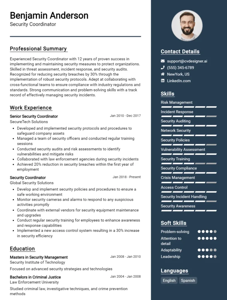 Security Coordinator CV Example