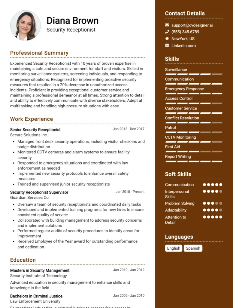 Security Receptionist CV Example