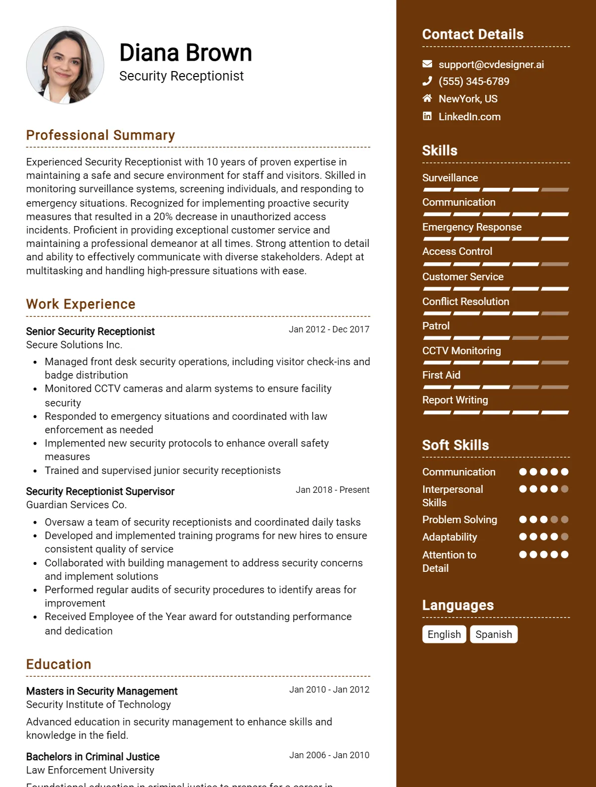Security Receptionist CV Example