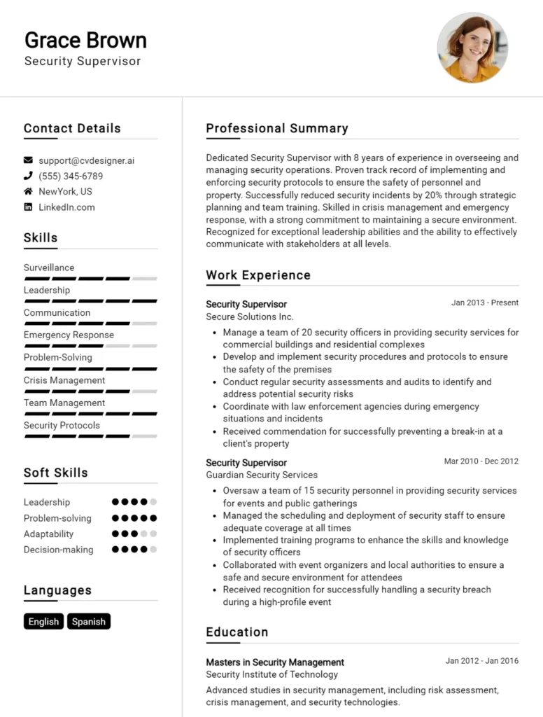 Security Supervisor CV Example