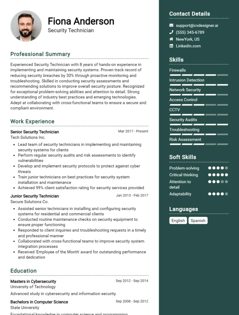 Security Technician CV Example