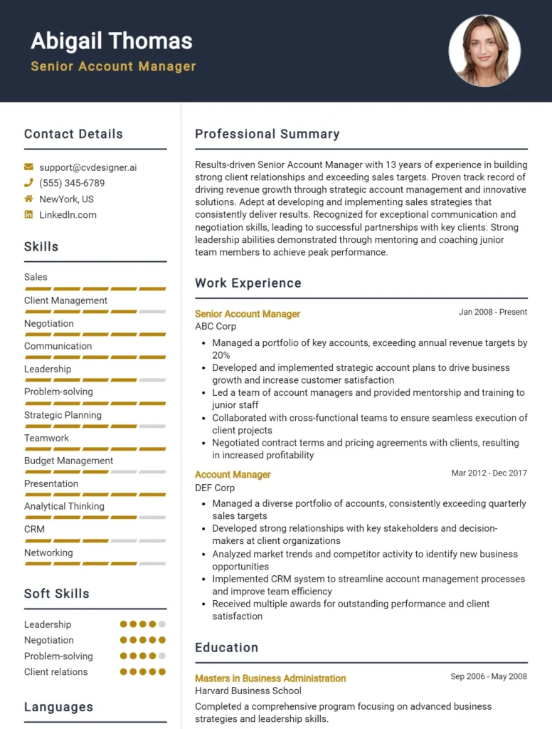 Senior Account Manager CV Example