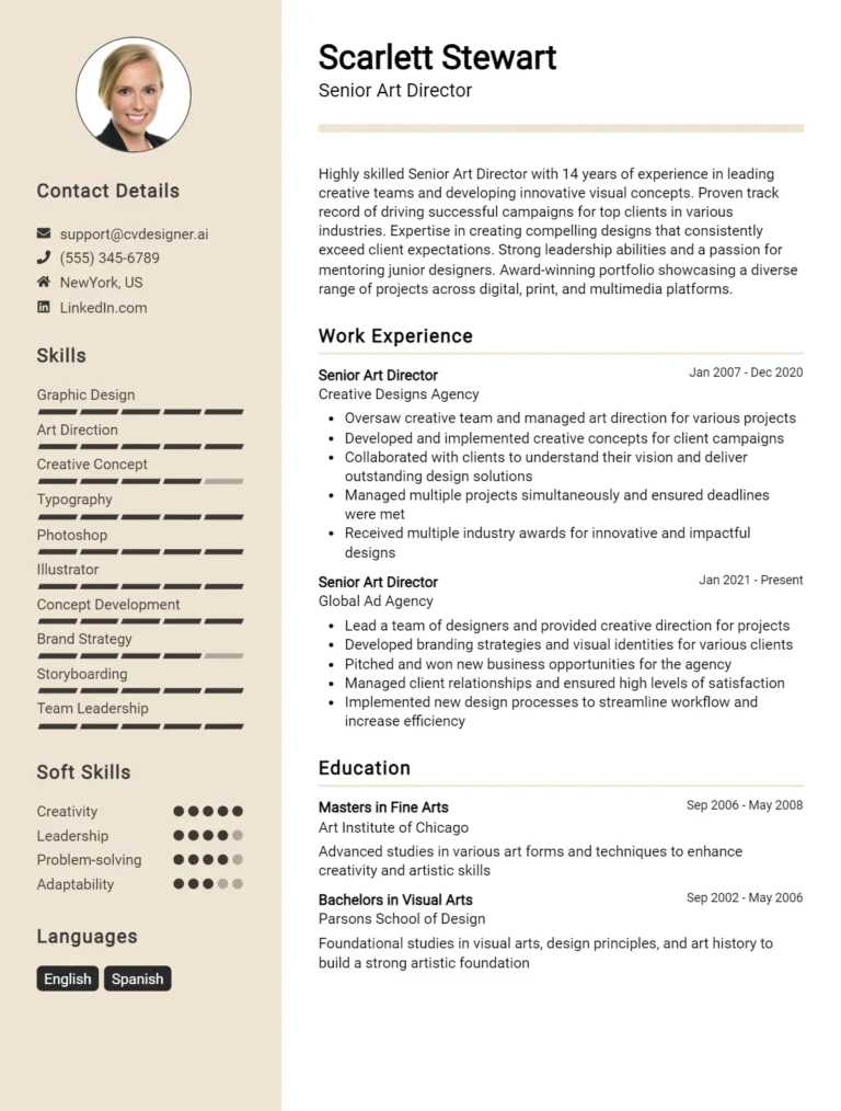 Senior Art Director CV Example For 2025: Free Downloadable Templates