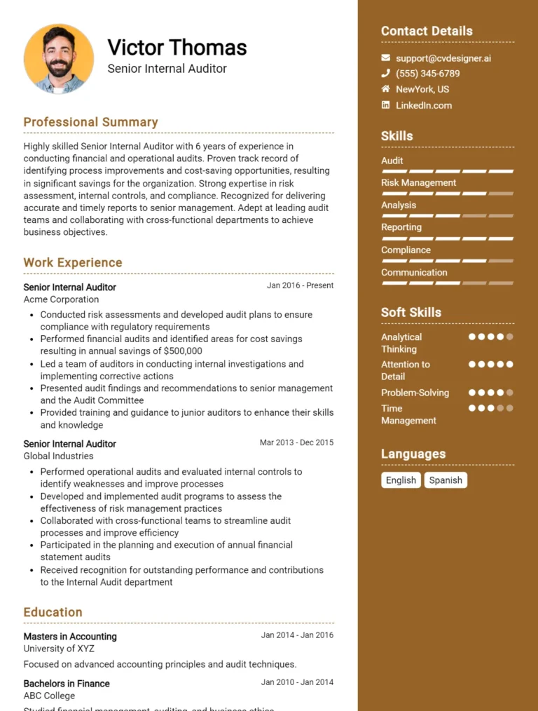Senior Internal Auditor CV Example For 2025: Best Writing Guide
