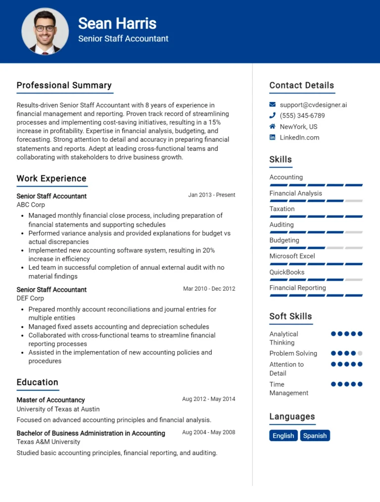 Senior Staff Accountant CV Example For 2025: How to Create a Professional CV