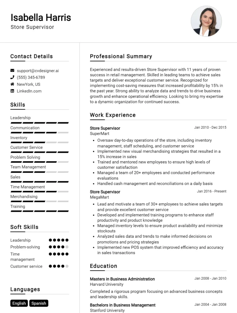 Store Supervisor CV Example For 2025: Best Tips & Templates