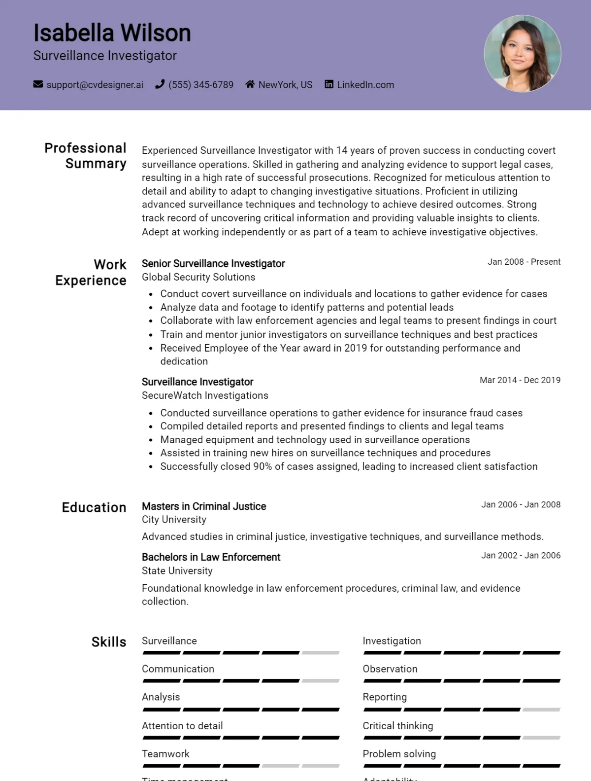 Surveillance Investigator CV Example