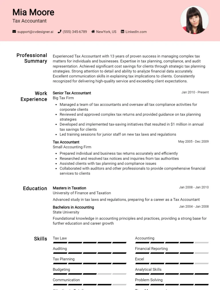 16 Tax Accountant CV Examples & Free Templates for 2025