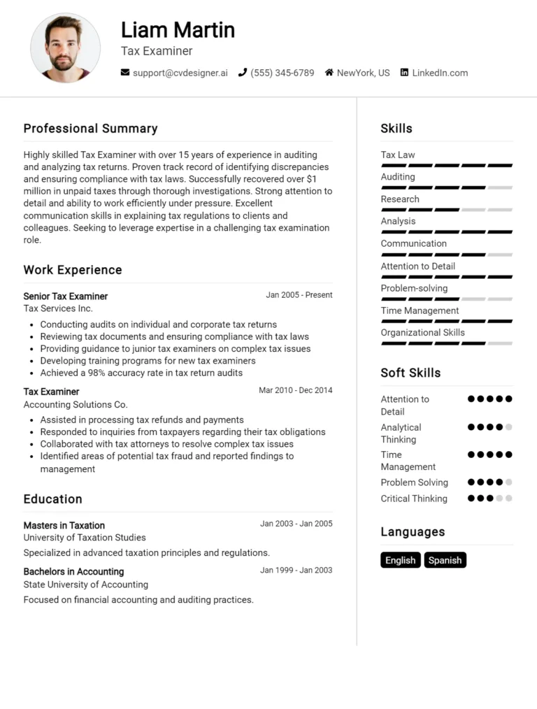 Tax Examiner CV Example & Templates for 2025