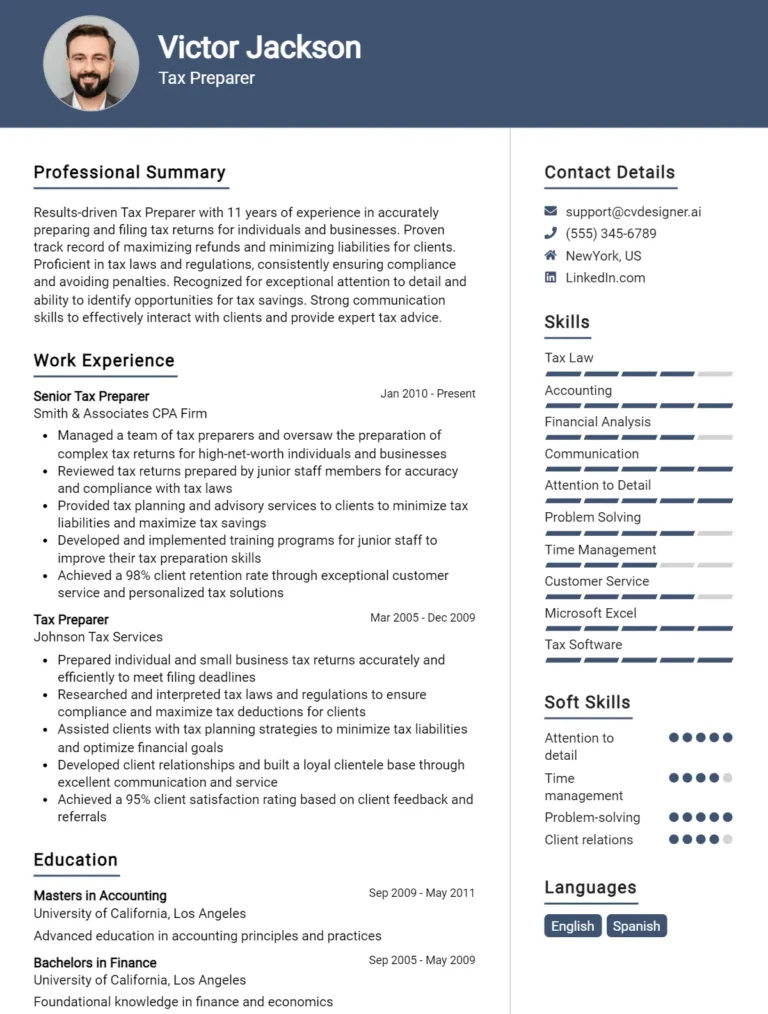 9 Tax Preparer CV Examples & Templates for 2025