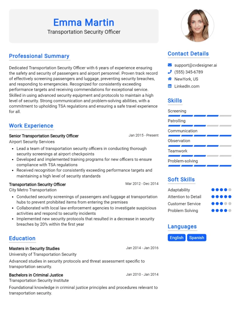 Transportation Security Officer CV Example