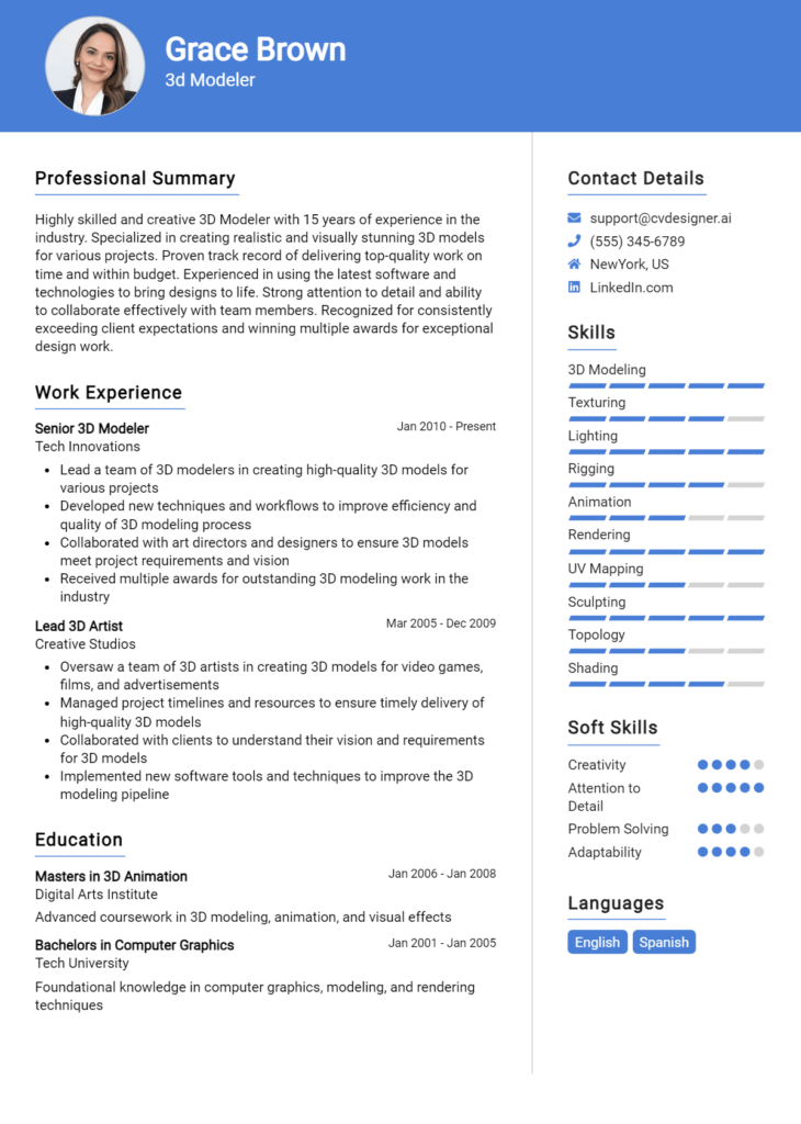 3D Modeler Resume Example for 2024: Free Samples - CVDesigner.ai