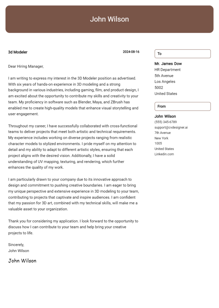 3D Modeler Cover Letter Example for 2025 (Free Templates)